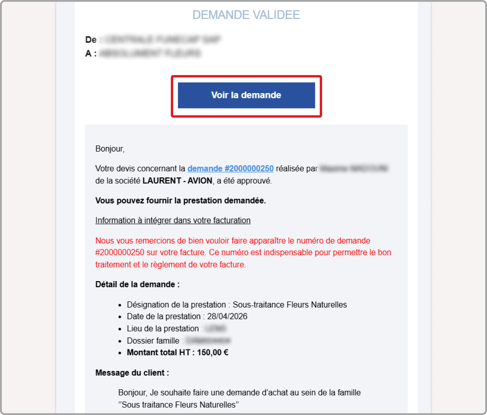Email « Demande validée » avec le bouton Voir la demande mis en évidence