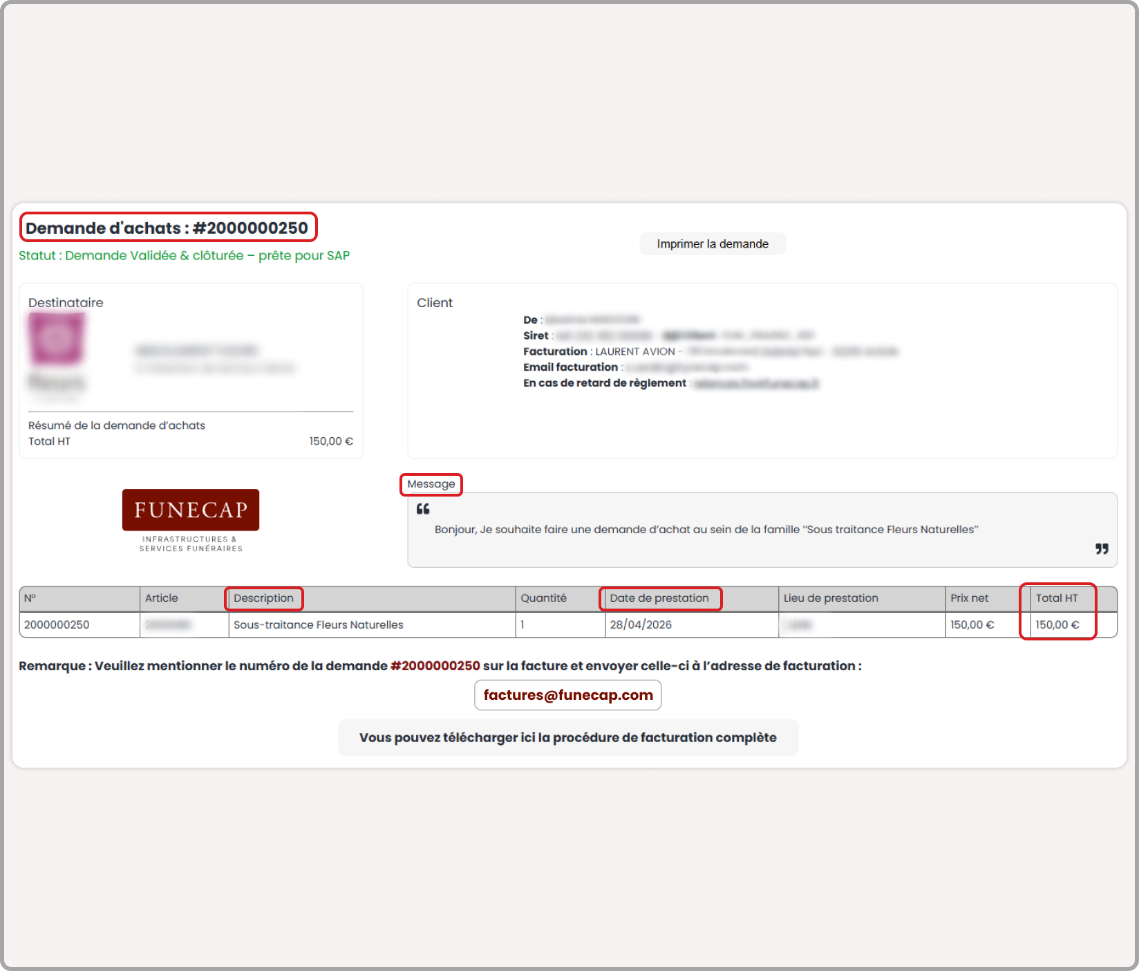 Demande d’achats avec la description, la date de prestation et le total HT mis en évidence