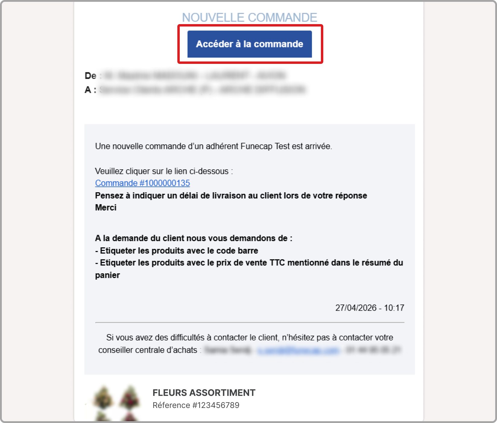 Email « Nouvelle commande » avec le bouton Accéder à la commande mis en évidence