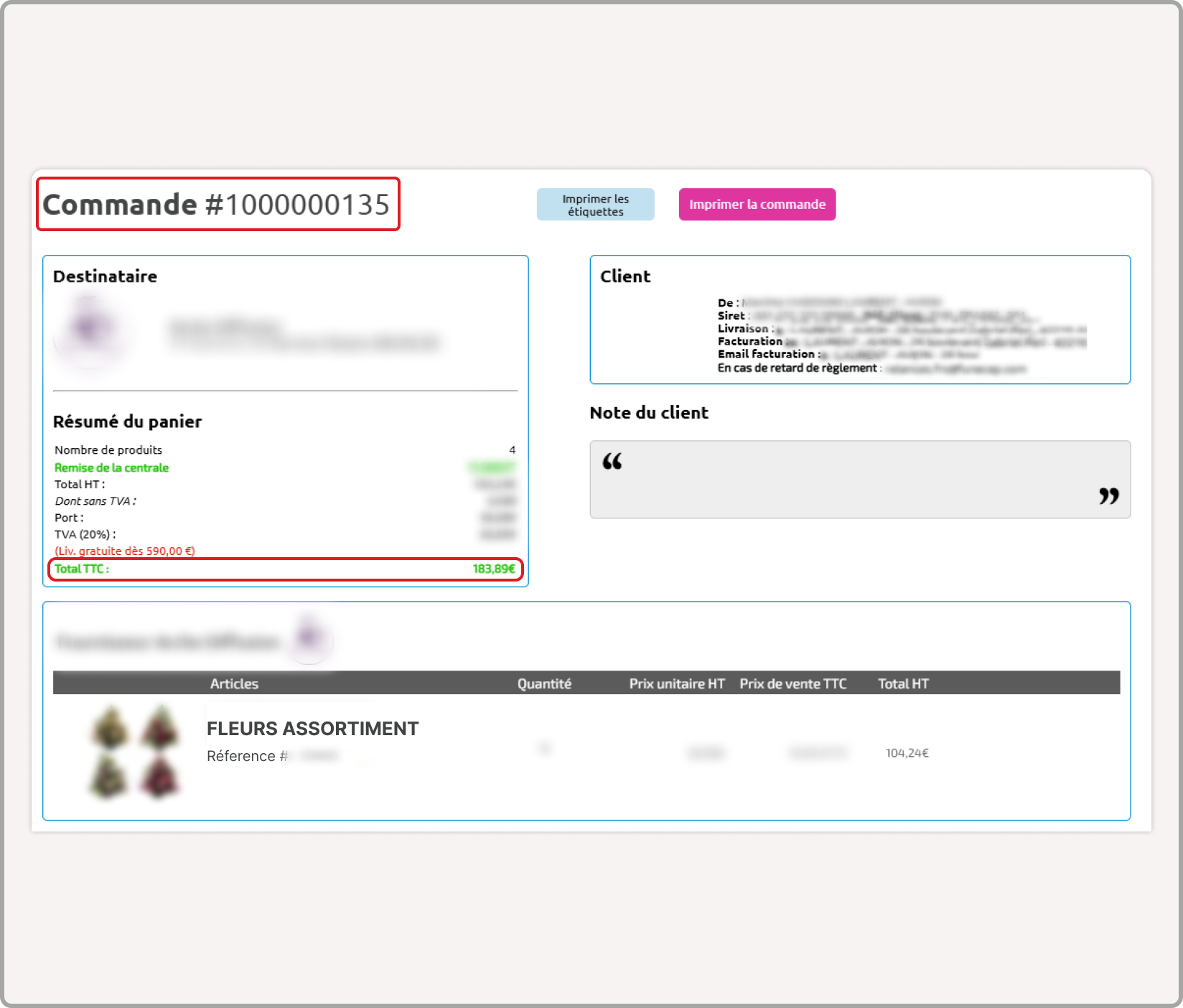 Détail de la commande avec le numéro de demande d’achat et le montant TTC mis en évidence