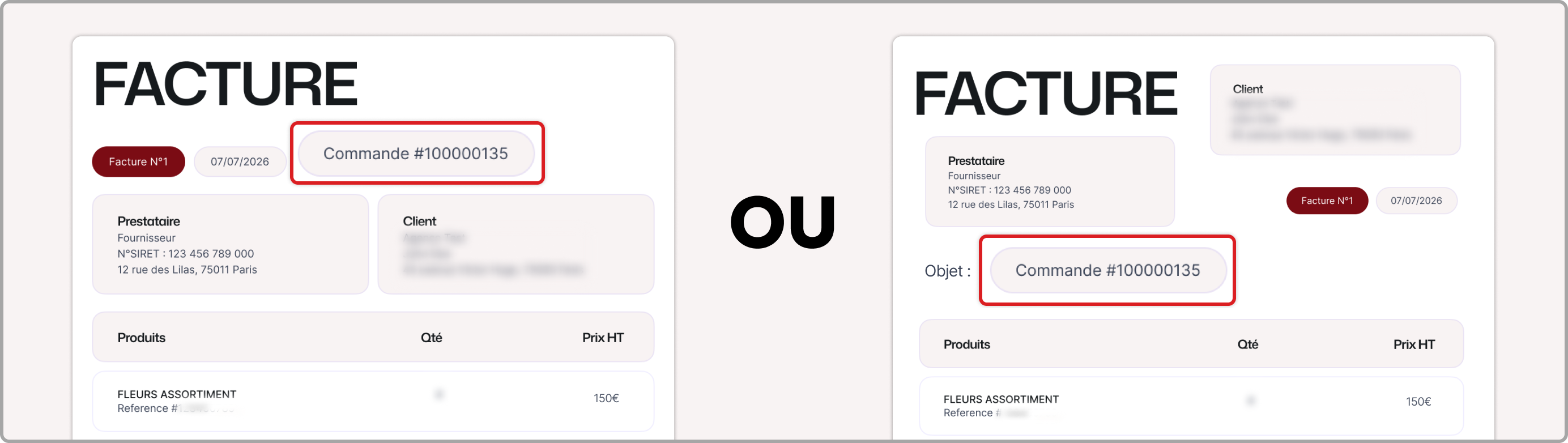 Exemple de facture avec le numéro de commande et le total HT