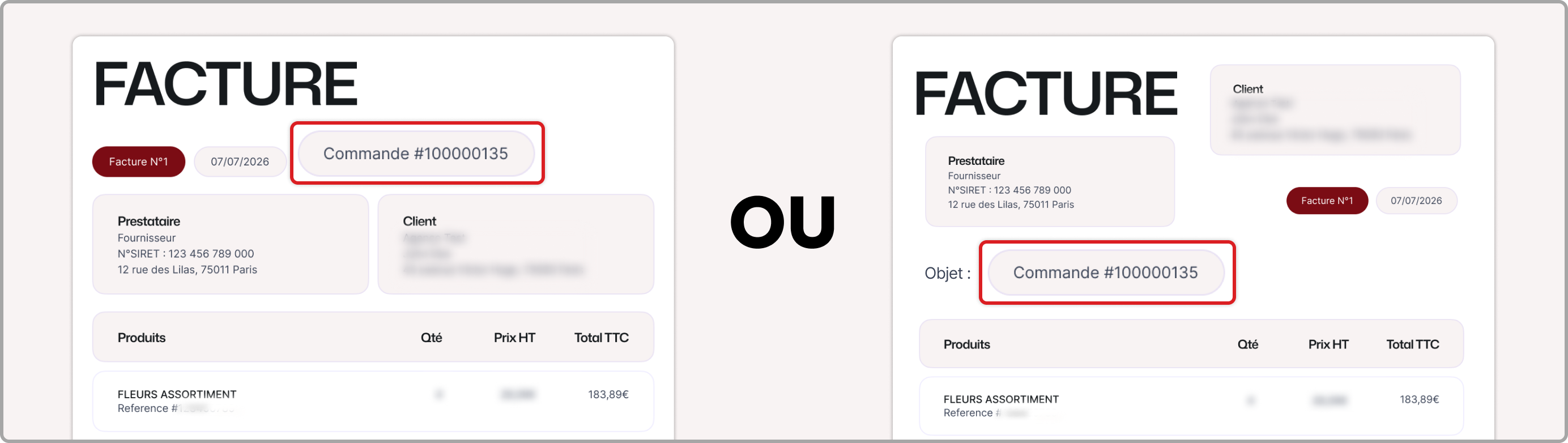 Exemple de facture avec le numéro de commande visible